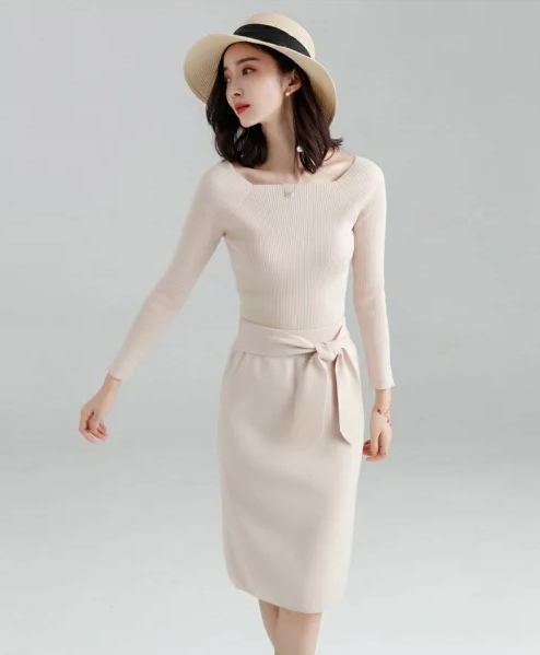 ウエストリボン付きリブ切り替えニットセットアップ