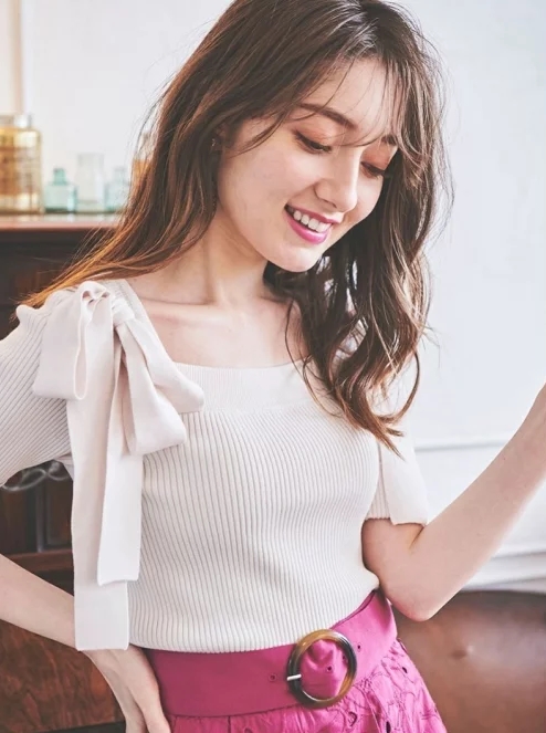 4Gリブショルダーリボンスクエアニット