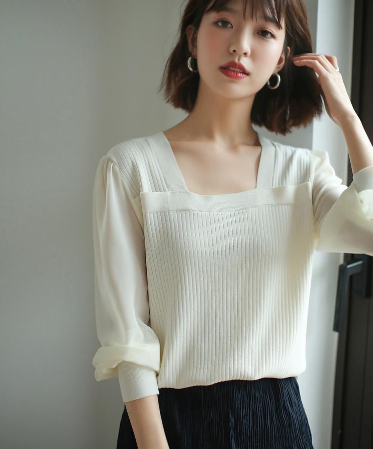 スクエアネックシアー切り替えリブニットプルオーバー