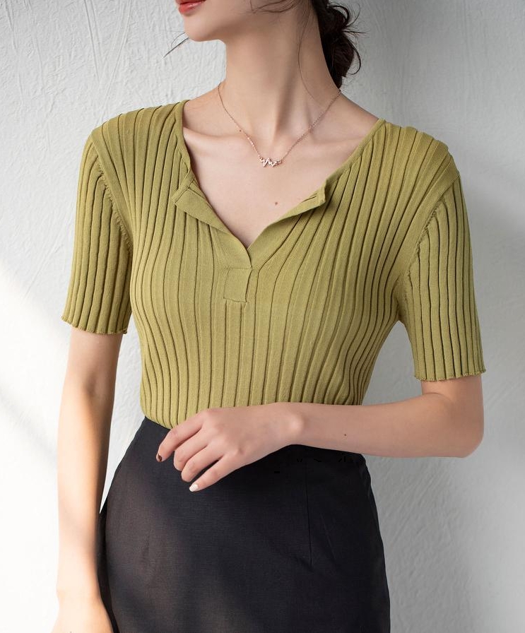 リブ編みスキッパーネックサマーニットプルオーバー