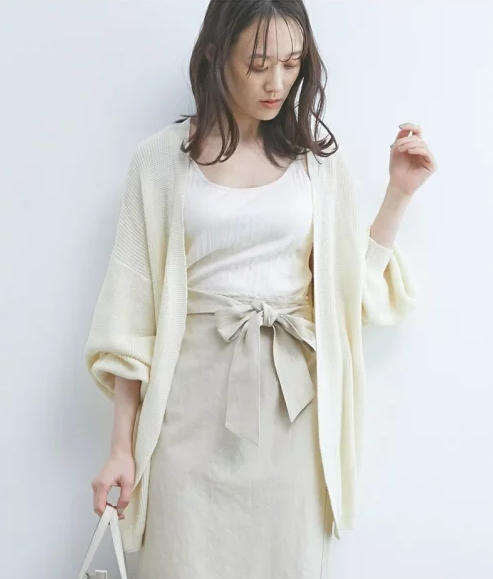 麻混袖ボリュームニットカーディガン