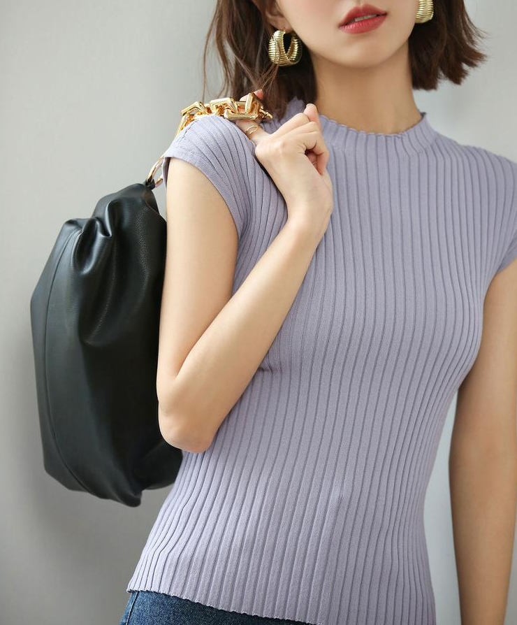 フレンチスリーブリブ切替サマーニットトップス