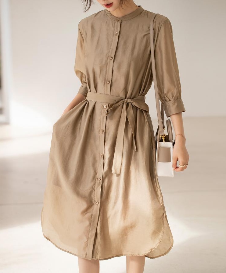 シアー素材ノーカラーシャツワンピース