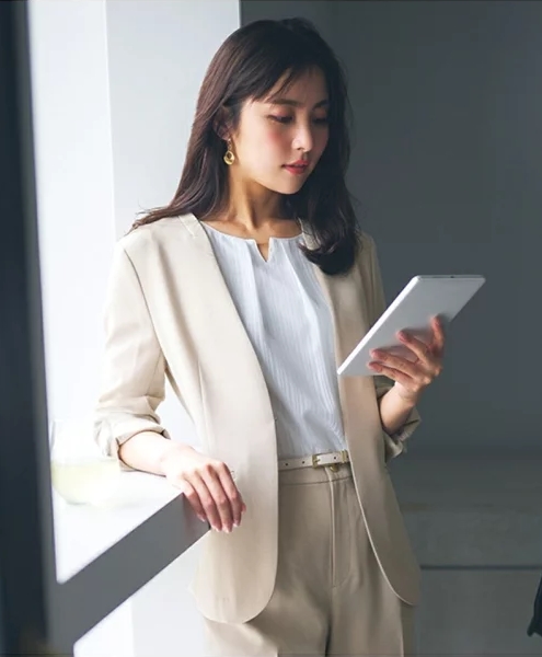 リネンライクポリエステル ノーカラー ジャケット