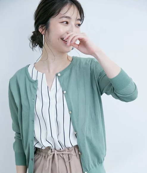 色々釦7分袖クルーカーディガン