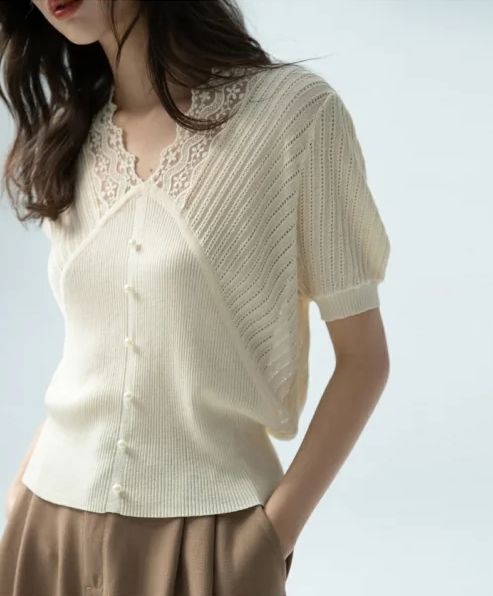 レースネックサマーニットプルオーバー