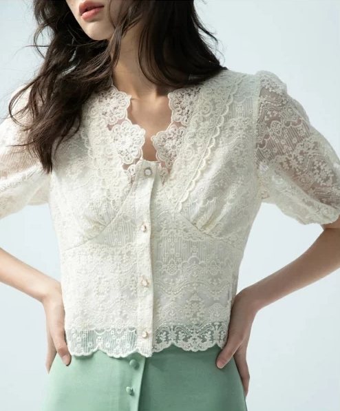 総レースショートスリーブクラシカルブラウス