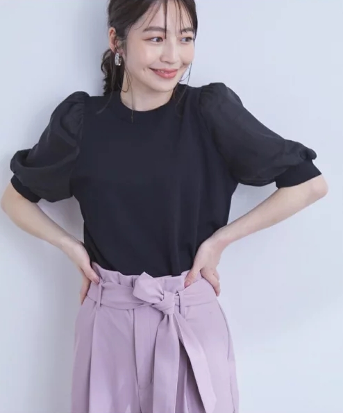 パワーショルダー袖オーガンジー半袖プルオーバー