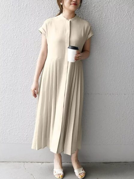 ジョーゼット プリーツ フレンチスリーブ ワンピース