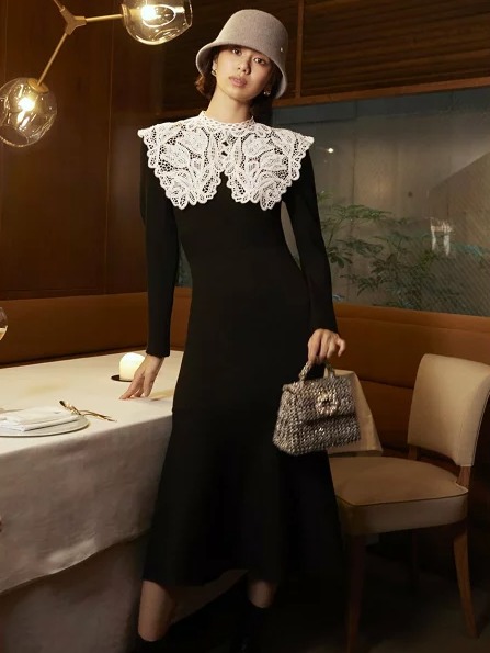 SNIDEL ビッグレースカラーニットワンピース