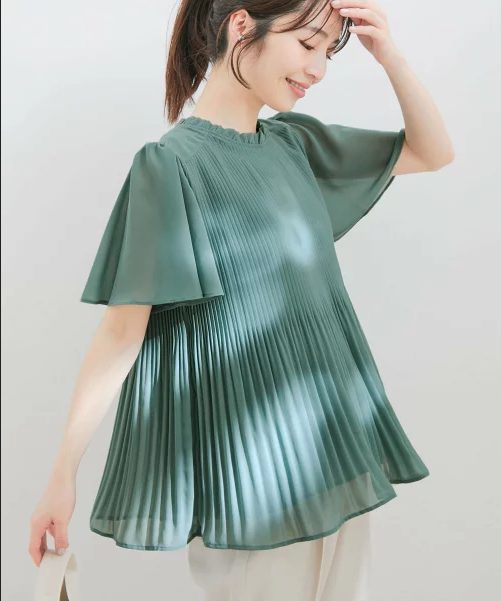ViS フレアーシフォンプリーツ半袖ブラウス