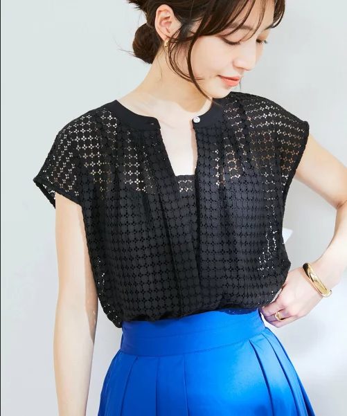 ViS キャミ付きレースフレンチスリーブブラウス