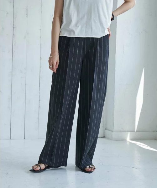 coen リネン混タックイージーパンツ