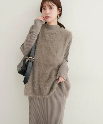 natural couture フェザーペプラムベスト+リブタイトワンピースSET