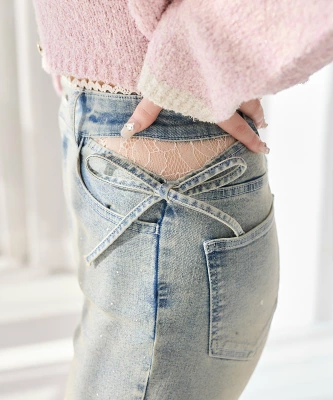 one after another NICE CLAUP サイドカットレースフレアデニム