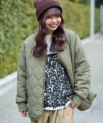 coen ノーカラー撥水キルティングブルゾン オーバーサイズ